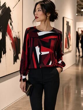 LOFT Abstract Geometric Print Blouse Size Medium Red Black Career Top